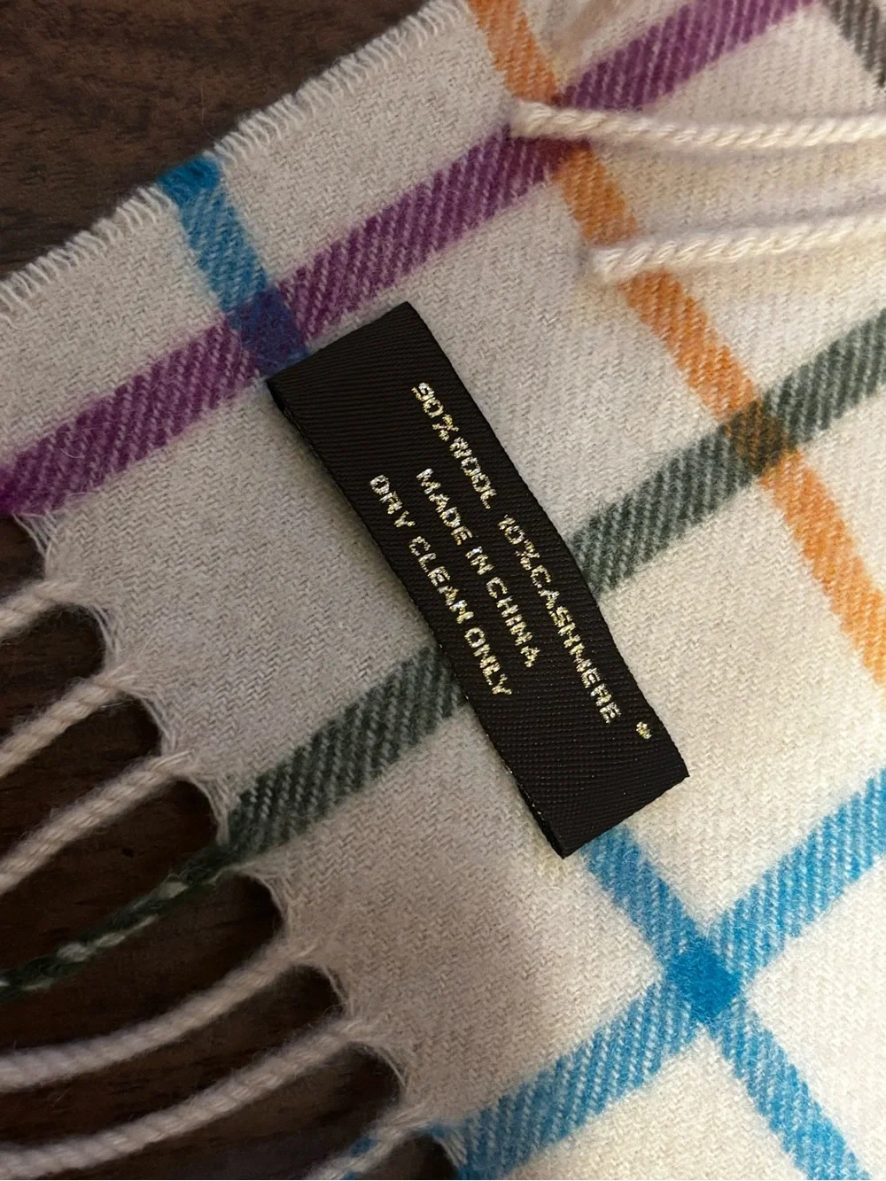 Coach White Plaid Scarf with Multicolor Stripe Accents